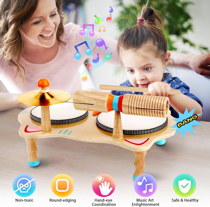 wingyz Store Kids Drum Set – 6-in-1 Wooden Musical Instruments for Toddlers 1–3, Montessori Baby Music Set with Drums, Cymbal & Tone Block, FSC-Certified Cat Design Table for Home & Classroom Learning Gift - Image 3